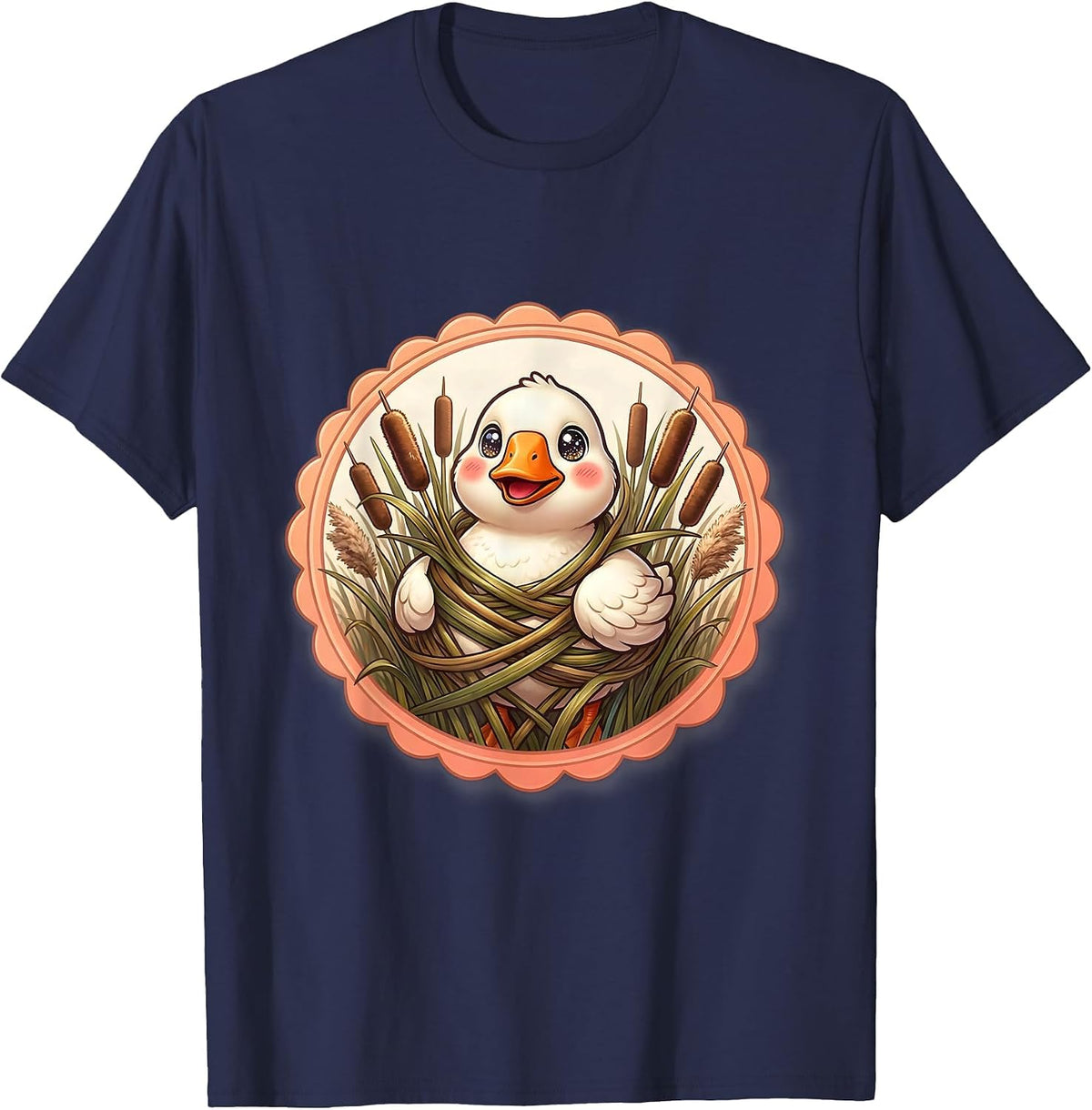 Goose Tangled in Cattails Sunset Nature Art T-Shirt - Navy Blue
