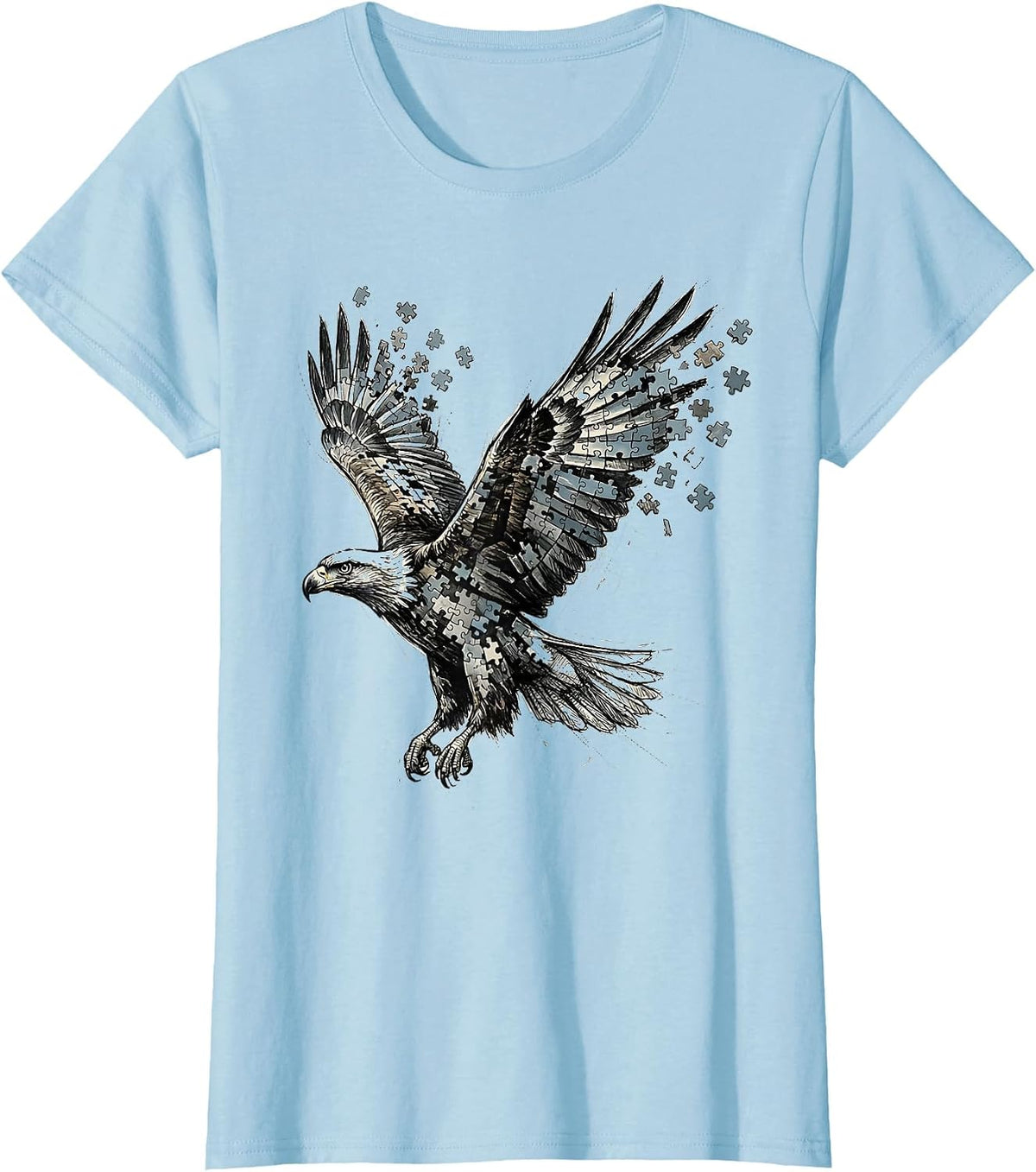 Women's Autism Awareness Puzzle Piece Soaring Bird Design T-Shirt - Baby Blue