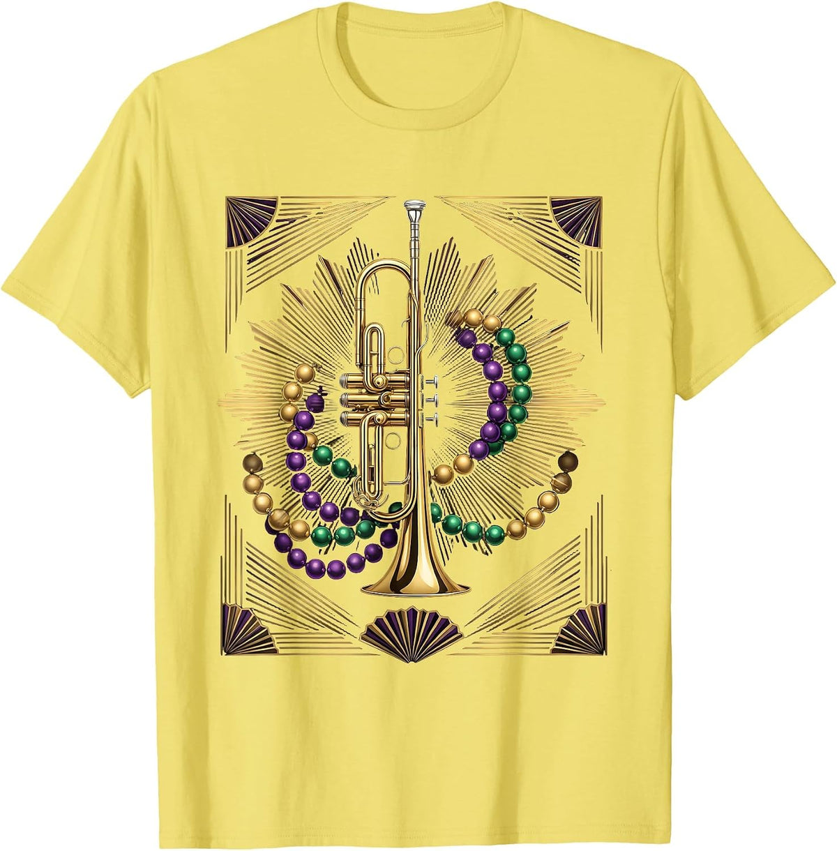 Men's Mardi Gras Jazz Trumpet Beads Illustration T-Shirt - Lemon Yellow