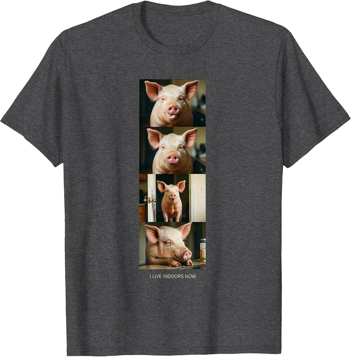 I Live Indoors Now Funny Pig Lover Pet Pig Owner Humor T-Shirt - Dark Heather Grey