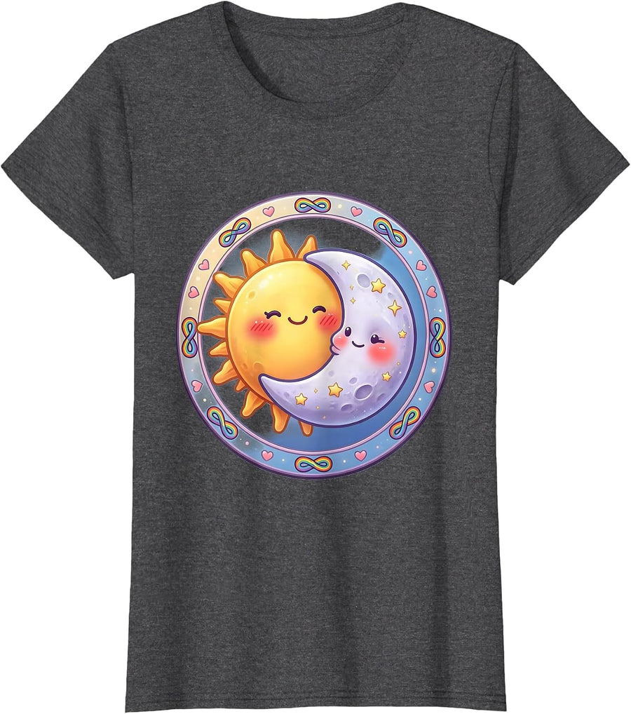 Women's Autism Awareness Sun and Moon Shared Orbit Design T-Shirt - Dark Heather Grey