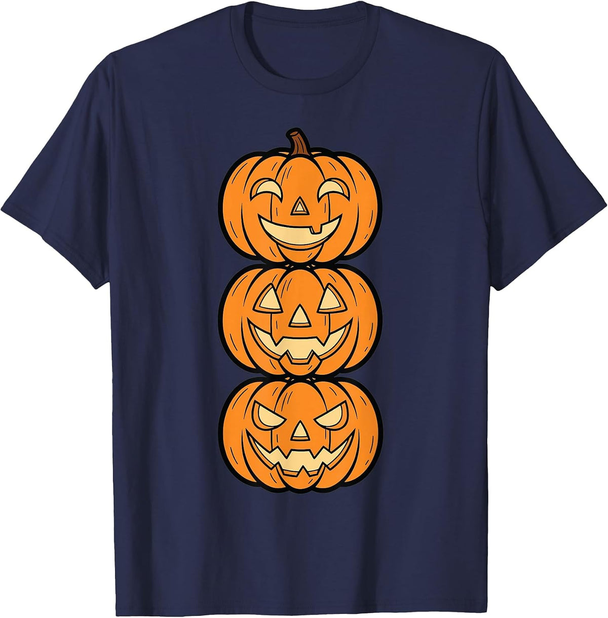 Halloween Pumpkin Stack Funny Scary Faces Design T-Shirt - Navy Blue