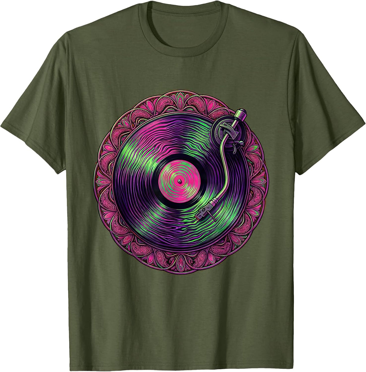 Disco Turntable Spinning Record DJ Graphic T-Shirt - Olive Green