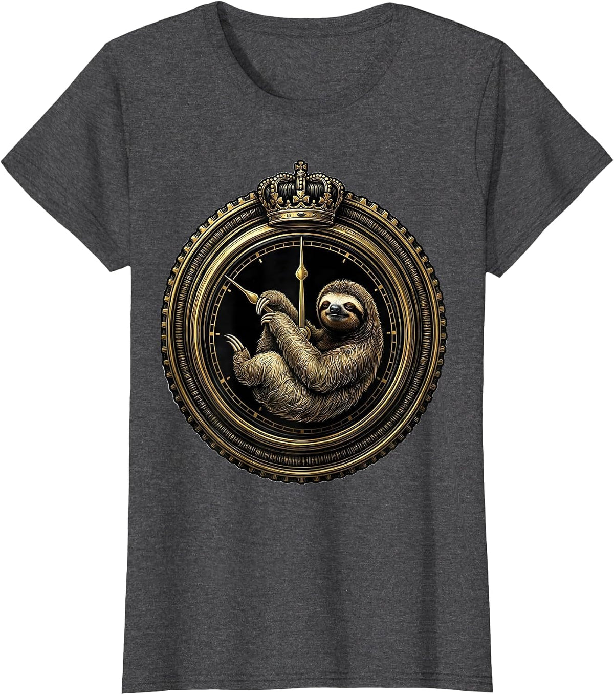 Women's Lazy Sloth Hanging From Midnight Clock Hands T-Shirt - Dark Heather Grey