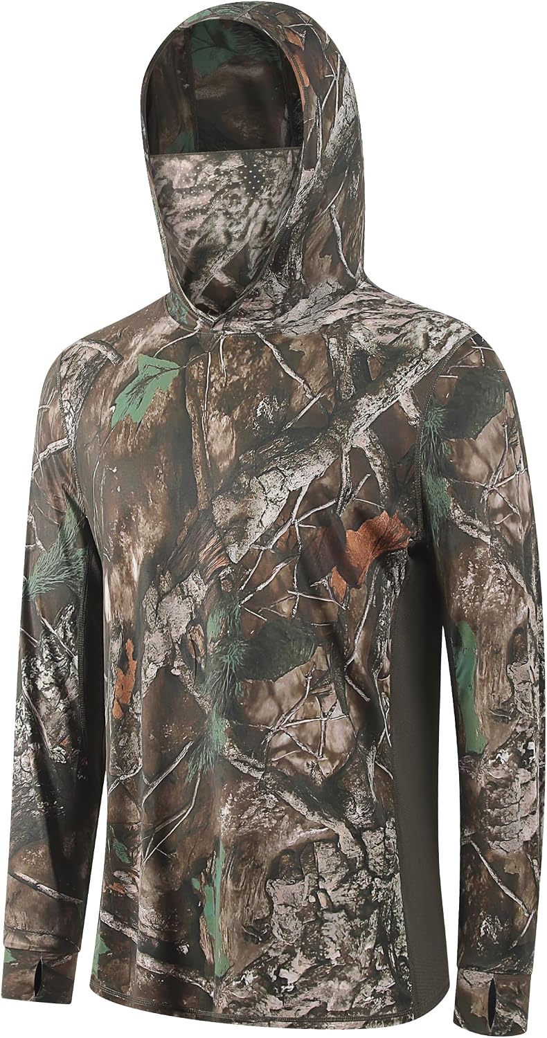 Mens Camo Hoodie Hunting Shirts with Separate Mask UPF 50+ Long Sleeve Fishing Sweatshirt Camp - Brown