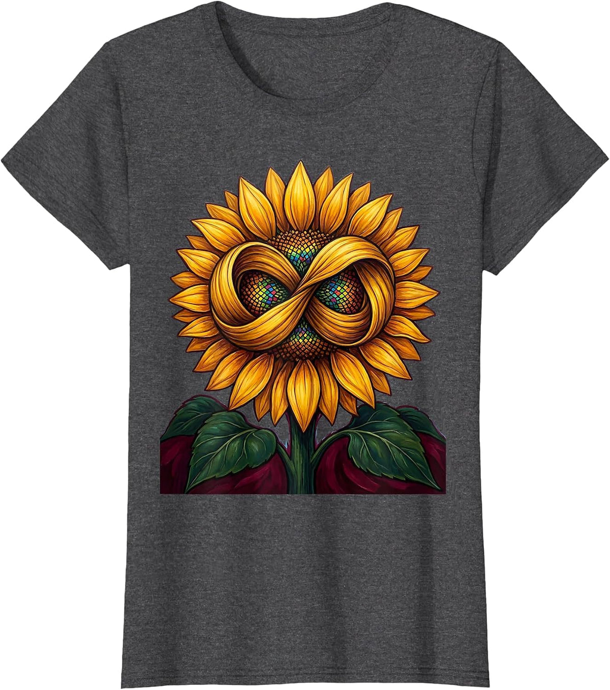 Women's Autism Awareness Sunflower Infinity Symbol Design T-Shirt - Dark Heather Grey