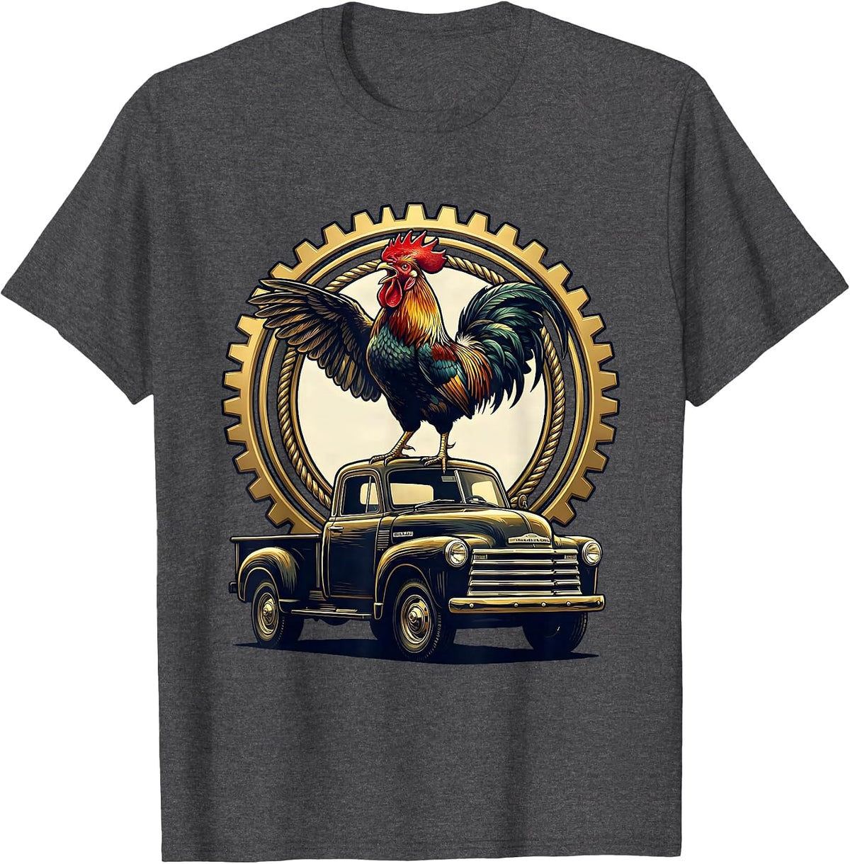 Men's Rooster Crowing Atop Old Pickup Truck T-Shirt - Dark Heather Grey