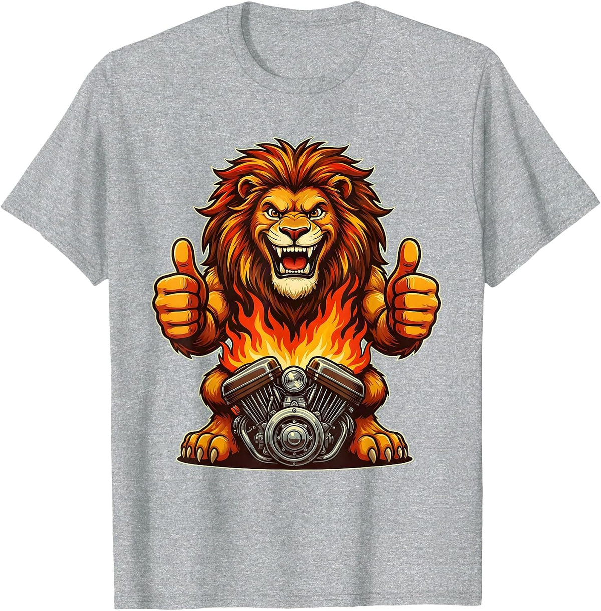 Men's Lion Head Motorcycle Engine Flames Graphic T-Shirt - Heather Grey