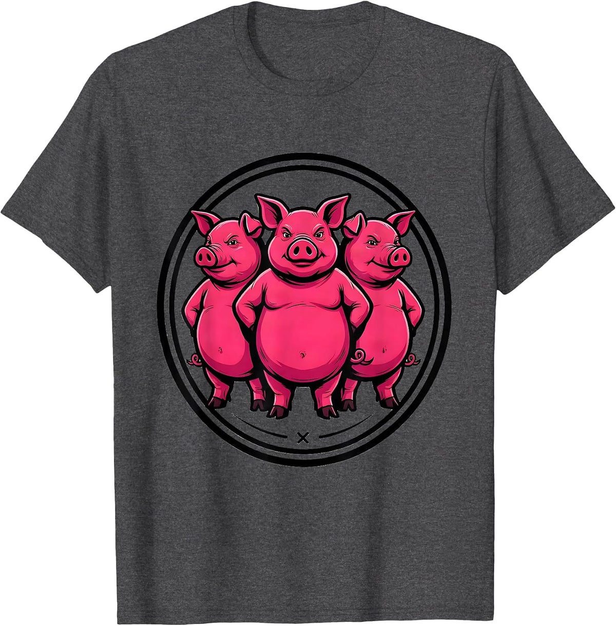 Men's Bold Cartoon Pigs Farm Animal Lover Humor T-Shirt - Dark Heather Grey