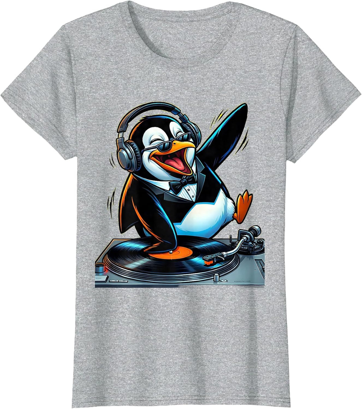 Women's Penguin DJ Spinning Records Turntable Graphic T-Shirt - Heather Grey