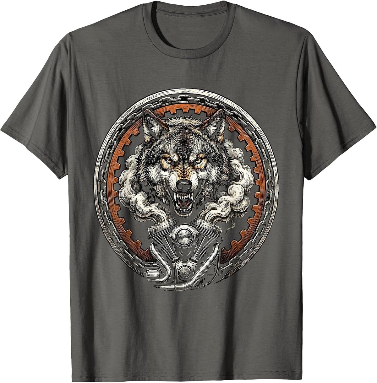 Wolf Head Motorcycle Engine Smoke Biker Graphic T-Shirt - Asphalt Grey