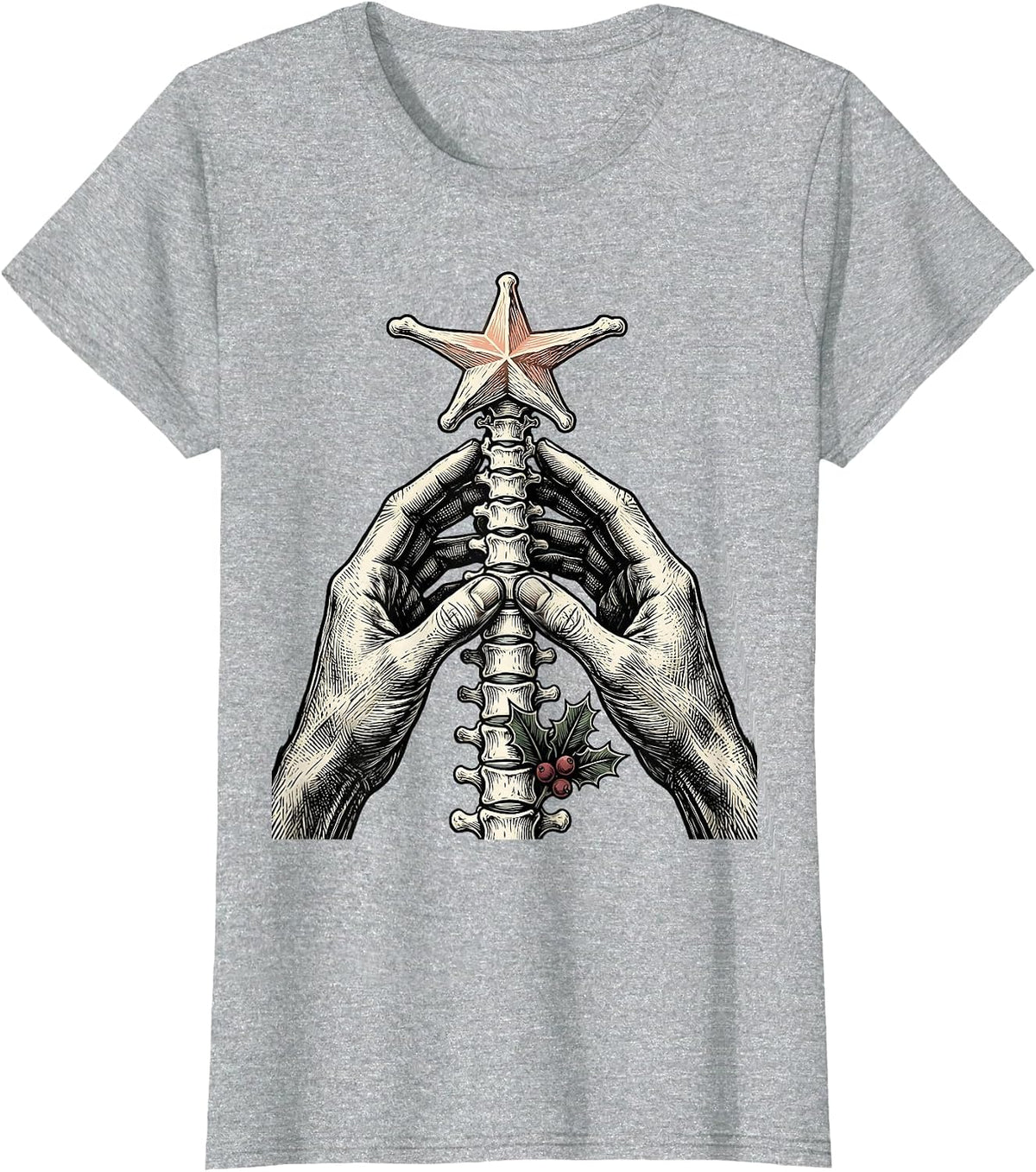 Chiropractic Hands Christmas Woodcut Engraving Chiropractor T-Shirt - Heather Grey