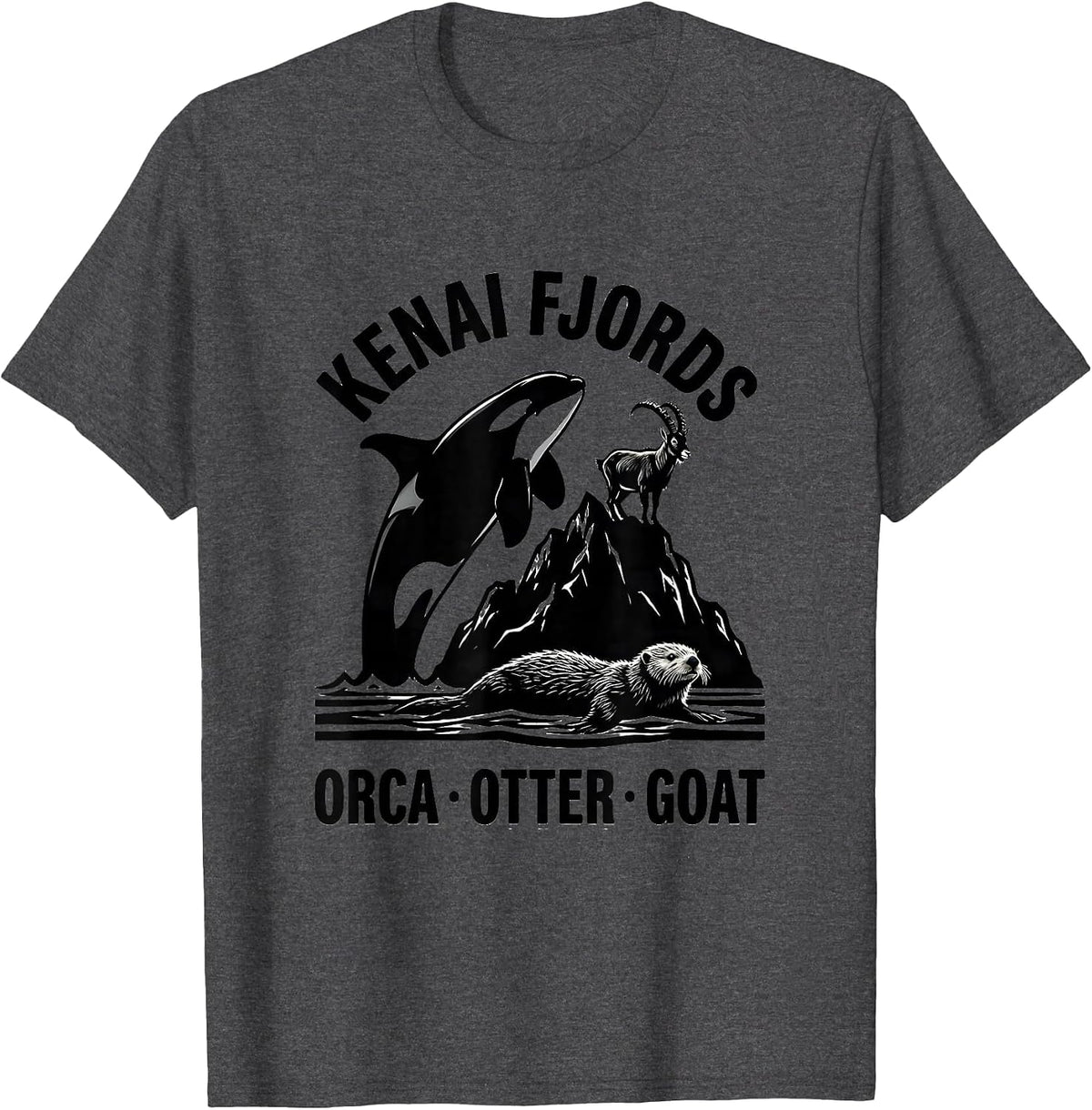 Men's Kenai Fjords Orca Otter Goat Alaska Wildlife Souvenir T-Shirt - Dark Heather Grey