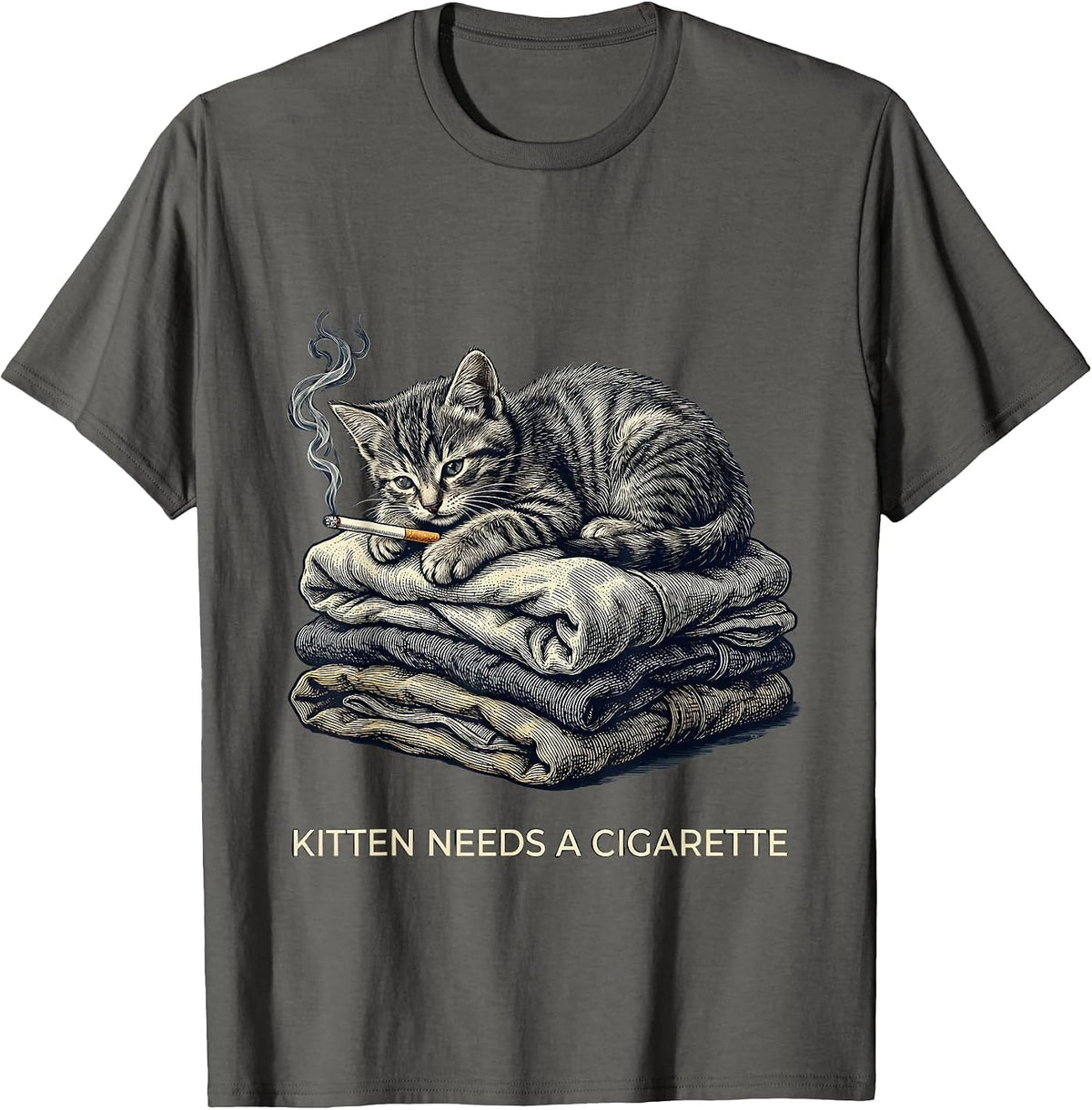 Kitten Needs A Cigarette Funny Smoking Cat Meme Stupid T-Shirt - Asphalt Grey