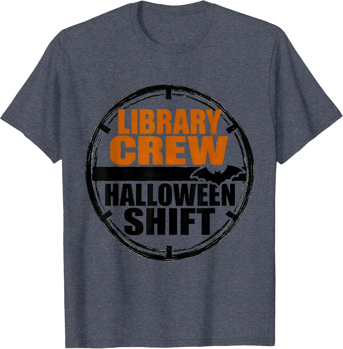 Library Crew Halloween Shift Brutalist Graphic Teacher Humor T-Shirt - Heather Blue