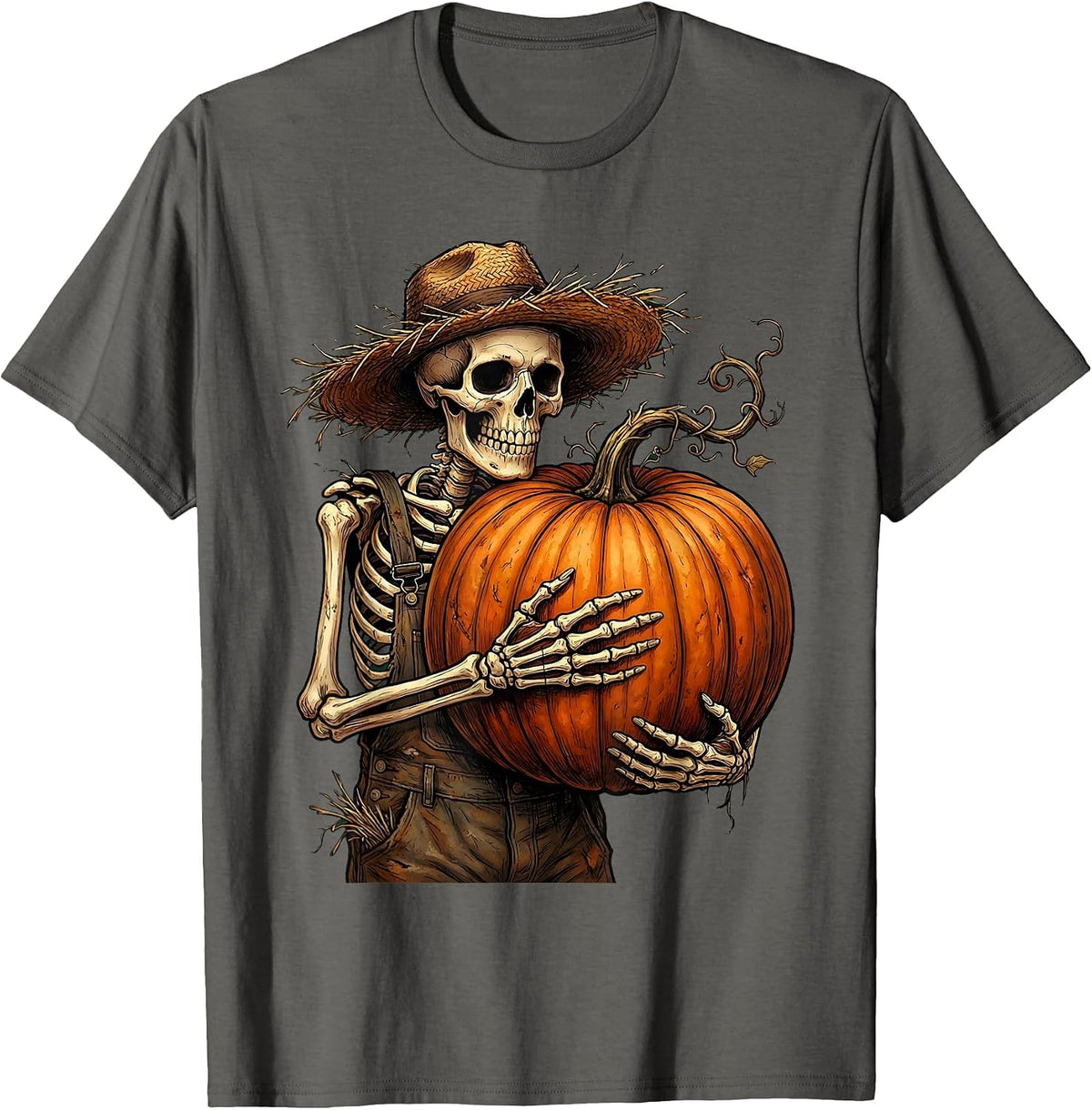 Men's Skeleton Farmer Cradling Pumpkin Halloween Design T-Shirt - Asphalt Grey