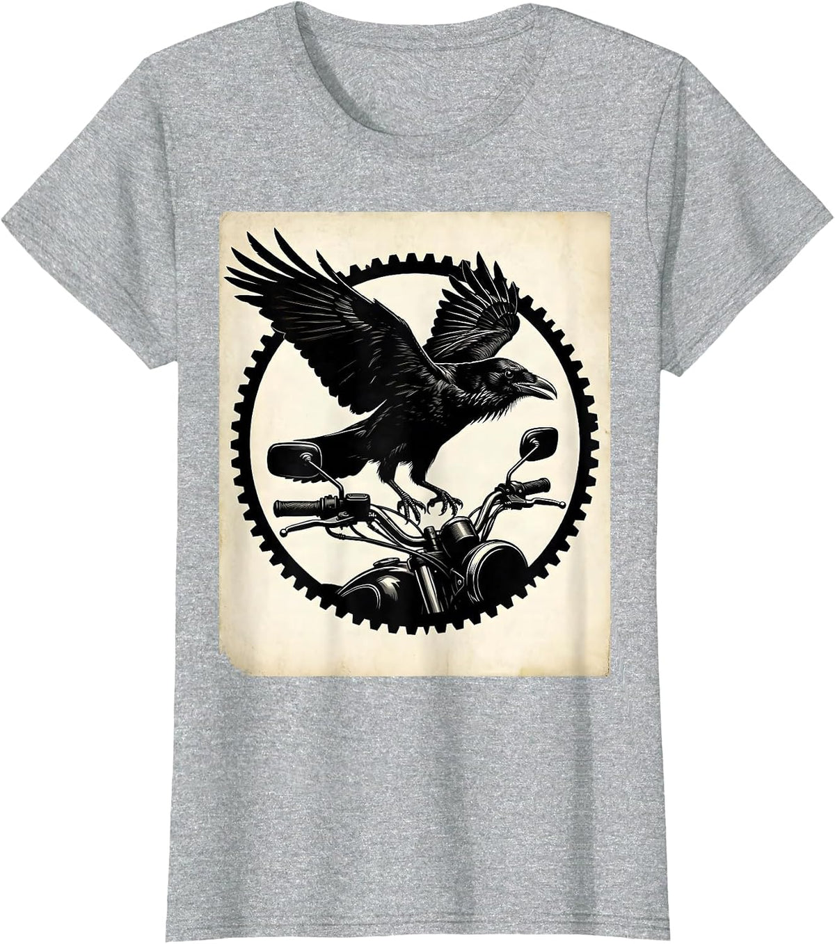 Raven on Rusted Motorcycle Handlebar Biker Art T-Shirt - Heather Grey