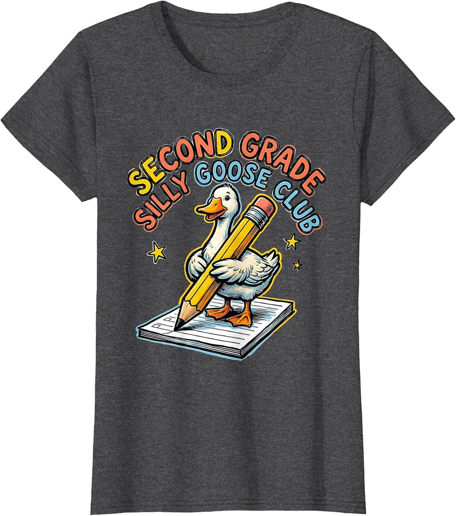 Women's Second Grade Silly Goose Club Funny Teacher Back To School T-Shirt - Dark Heather Grey