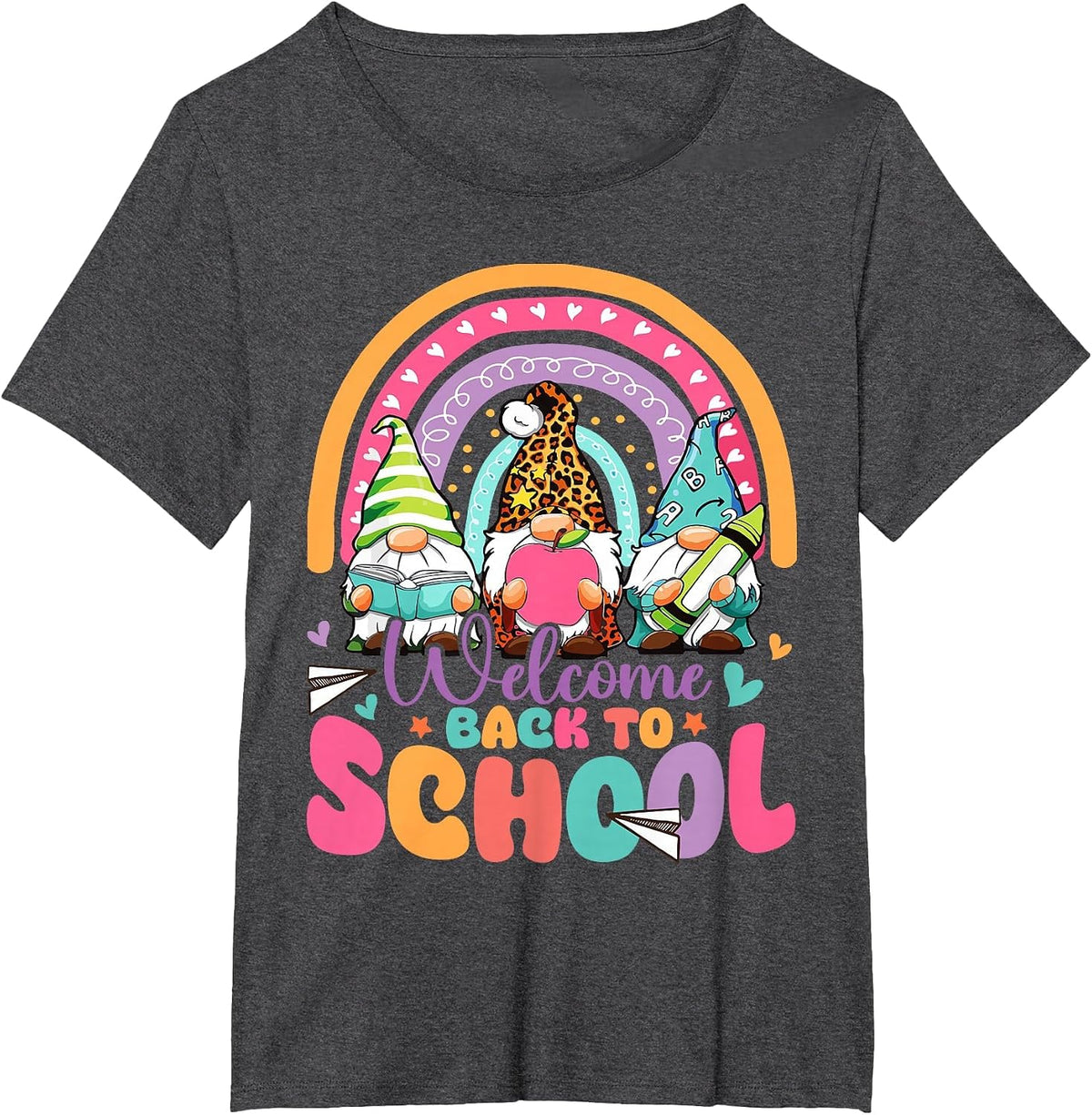Welcome Back to School First Day of School Gnomes Rainbow T-Shirt - Dark Heather Grey