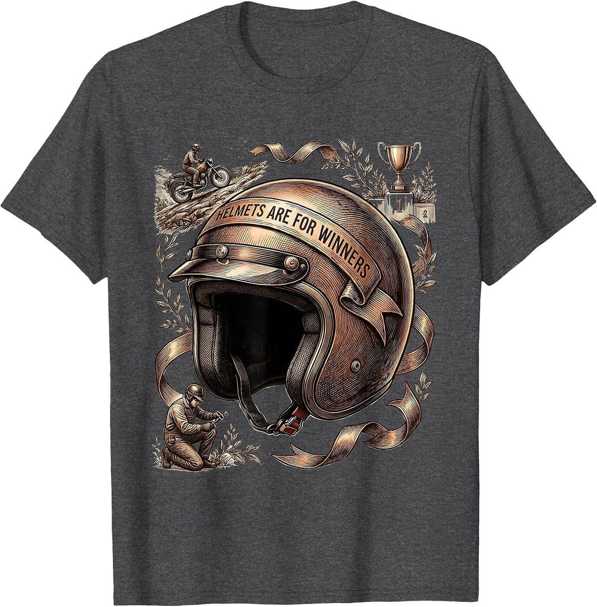 Helmets Are For Winners Motorcycle Design T-Shirt - Dark Heather Grey