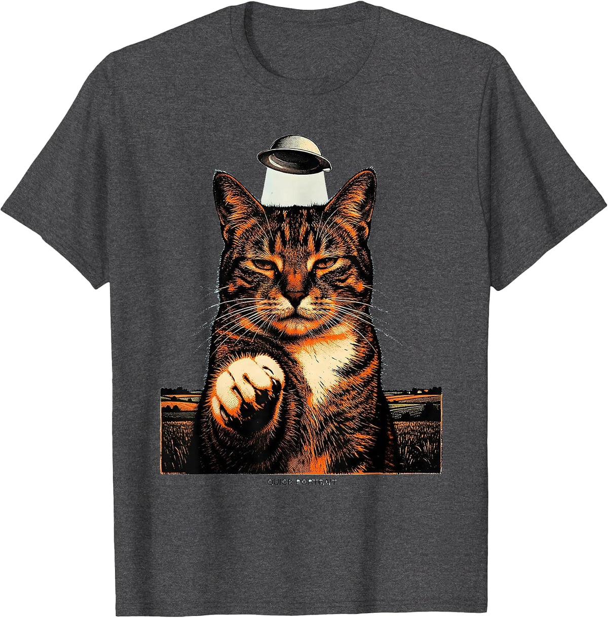 Quick Portrait Funny Cat UFO Alien Abduction Cat Lover Gift T-Shirt - Dark Heather Grey