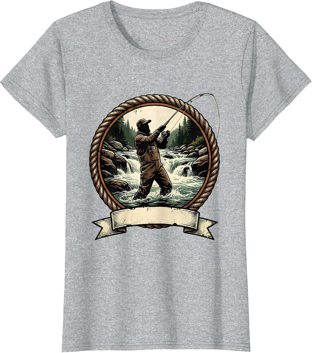Fly Fishing Waders River Rapids Fisherman Graphic T-Shirt - Heather Grey