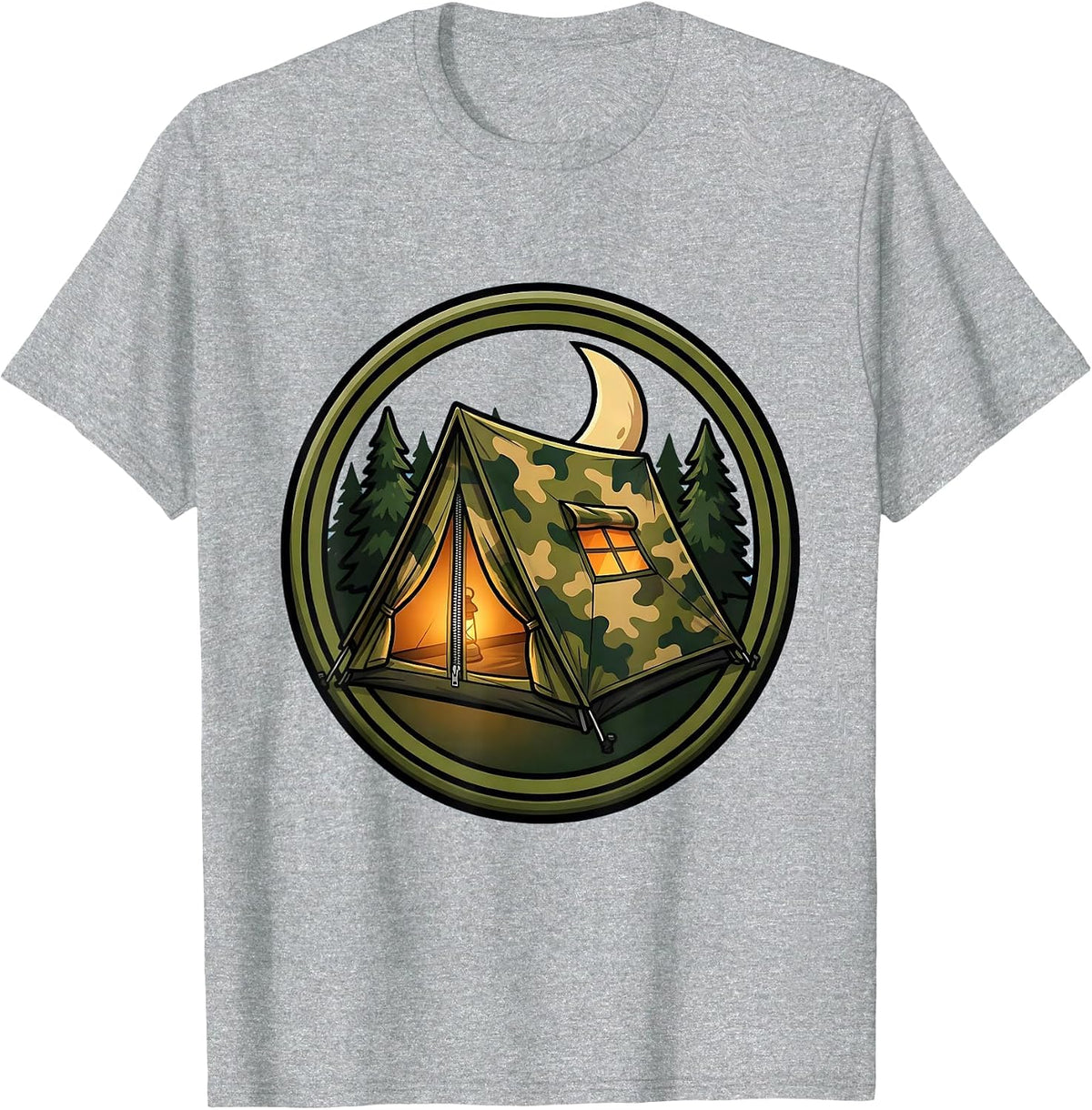 Men's Camo Tent Glowing Lantern Light Camping Graphic T-Shirt - Heather Grey