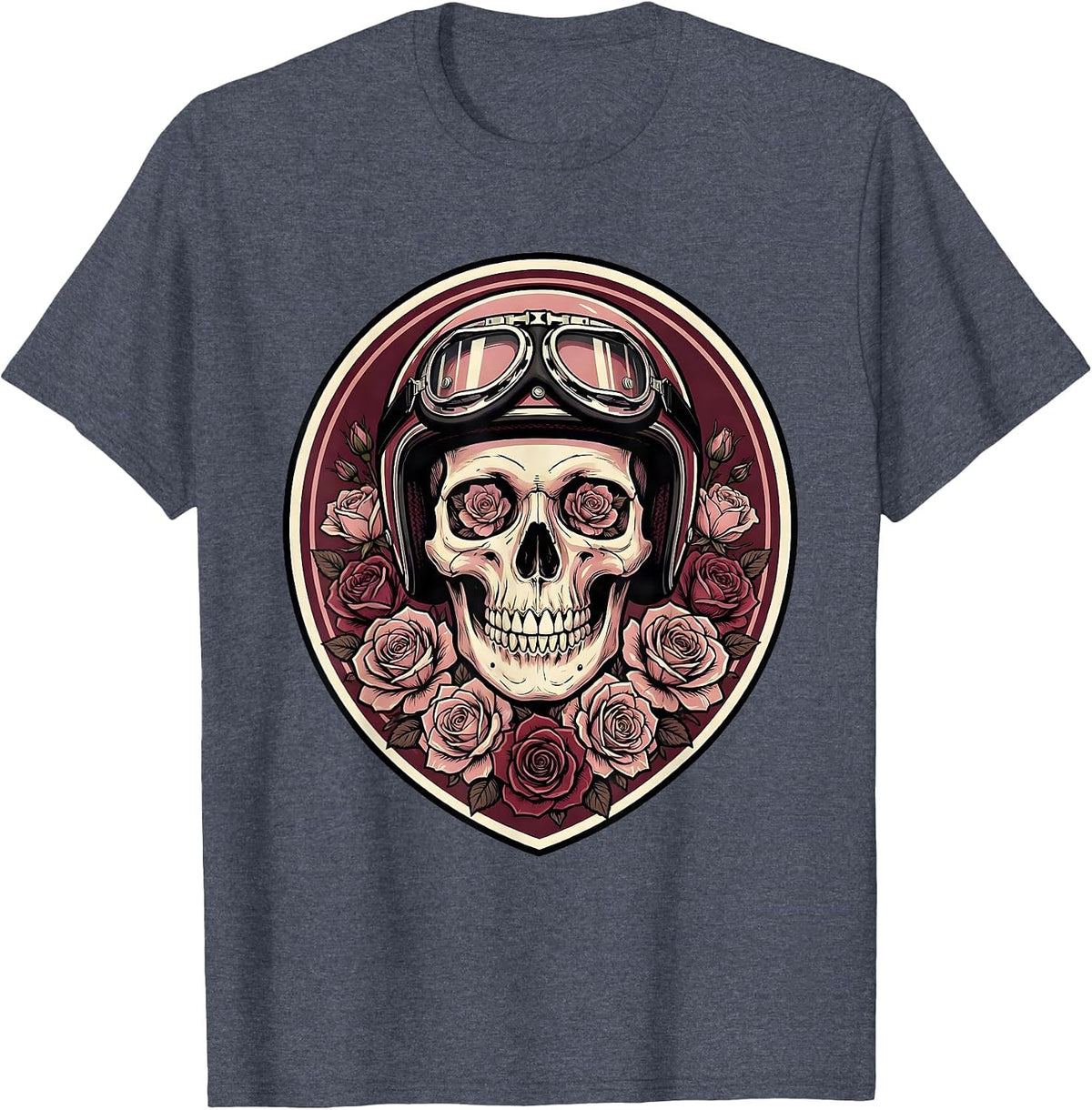 Feminine Skull Vintage Motorcycle Helmet Graphic T-Shirt - Heather Blue