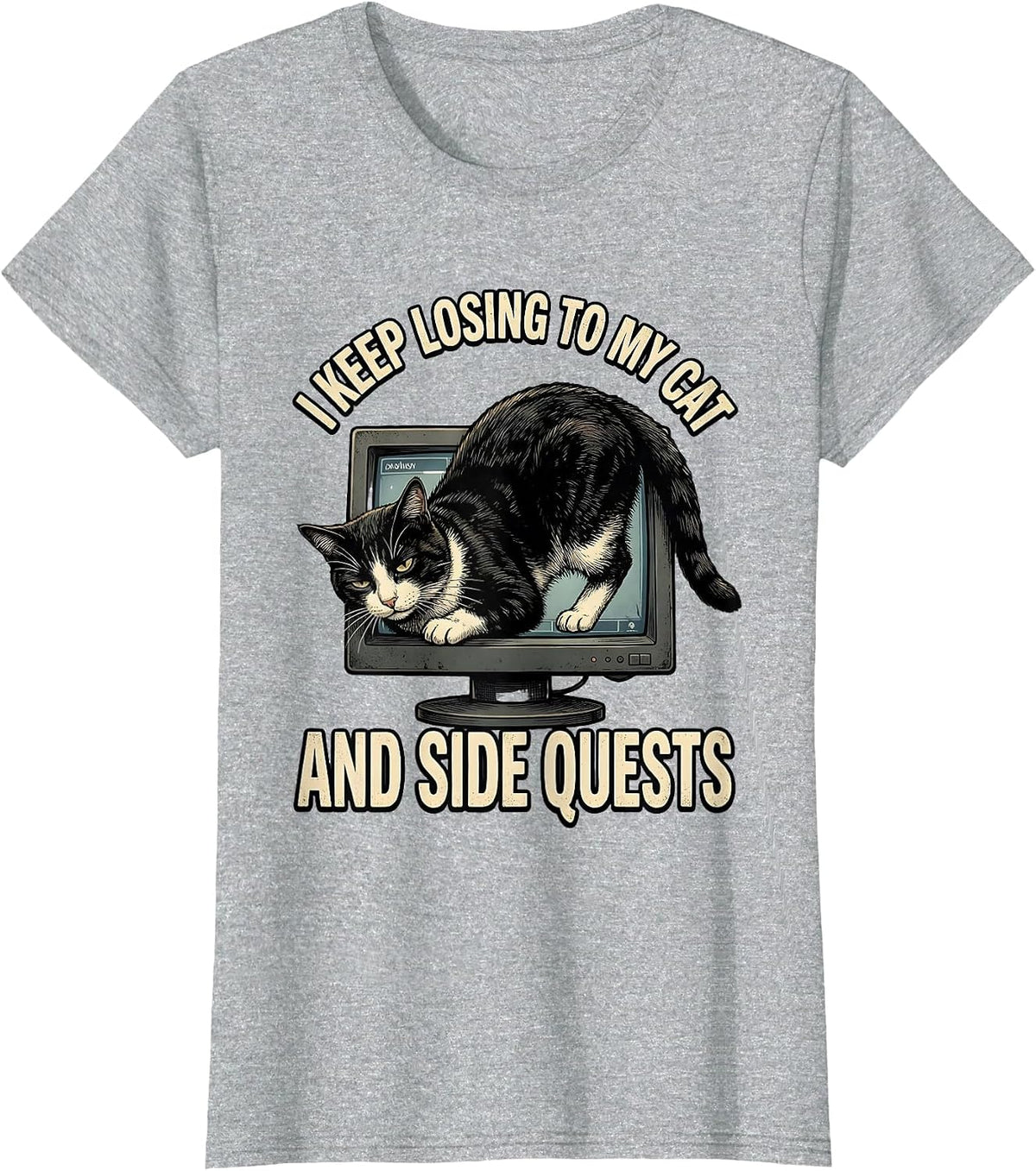 Women's I Keep Losing To My Cat And Side Quests Funny Gamer Cat T-Shirt - Heather Grey