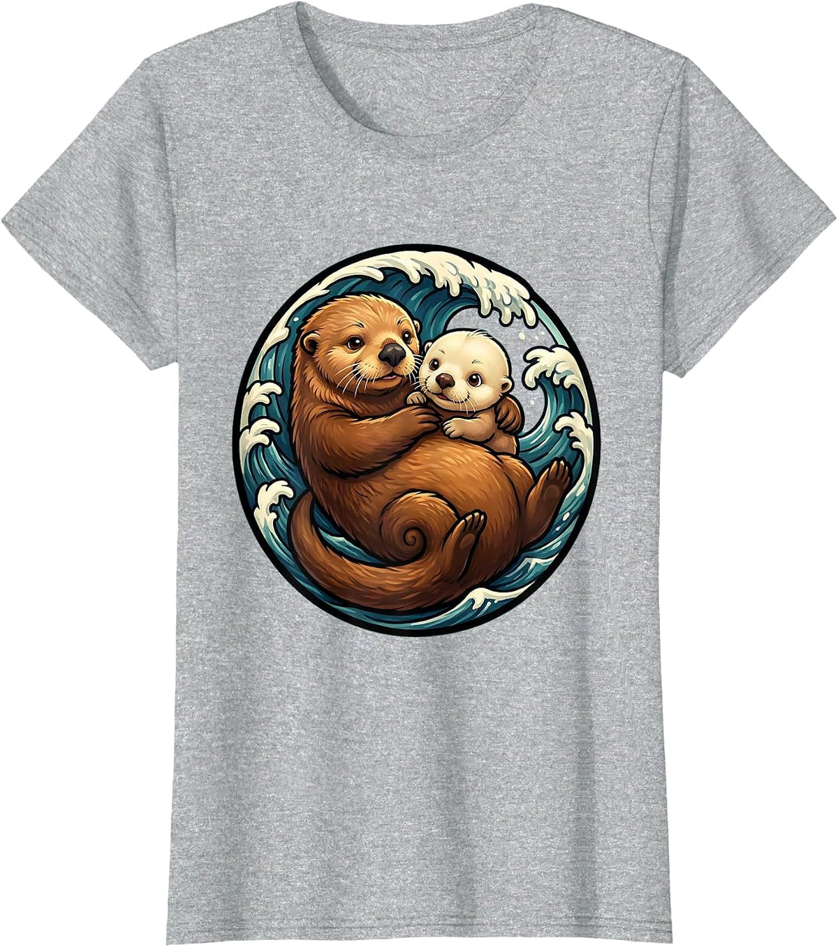 Women's Sea Otter Mom and Pup Embrace Graphic T-Shirt - Heather Grey