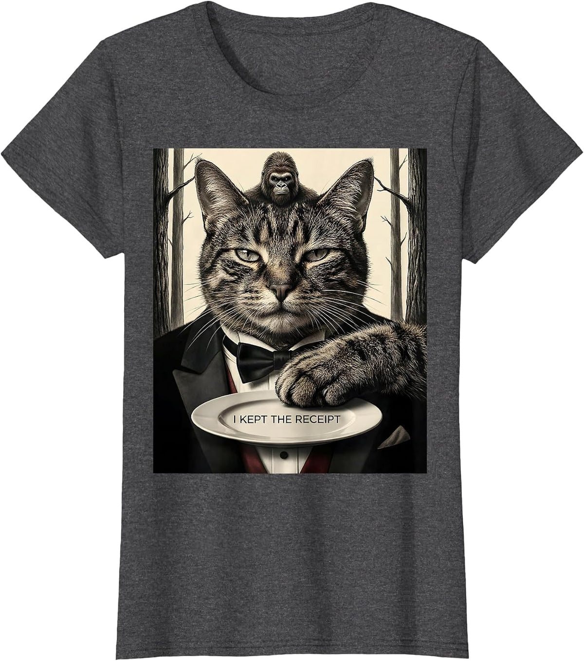 Women's I Kept The Receipt Funny Cat Selfie With Sasquatch Bigfoot T-Shirt - Dark Heather Grey