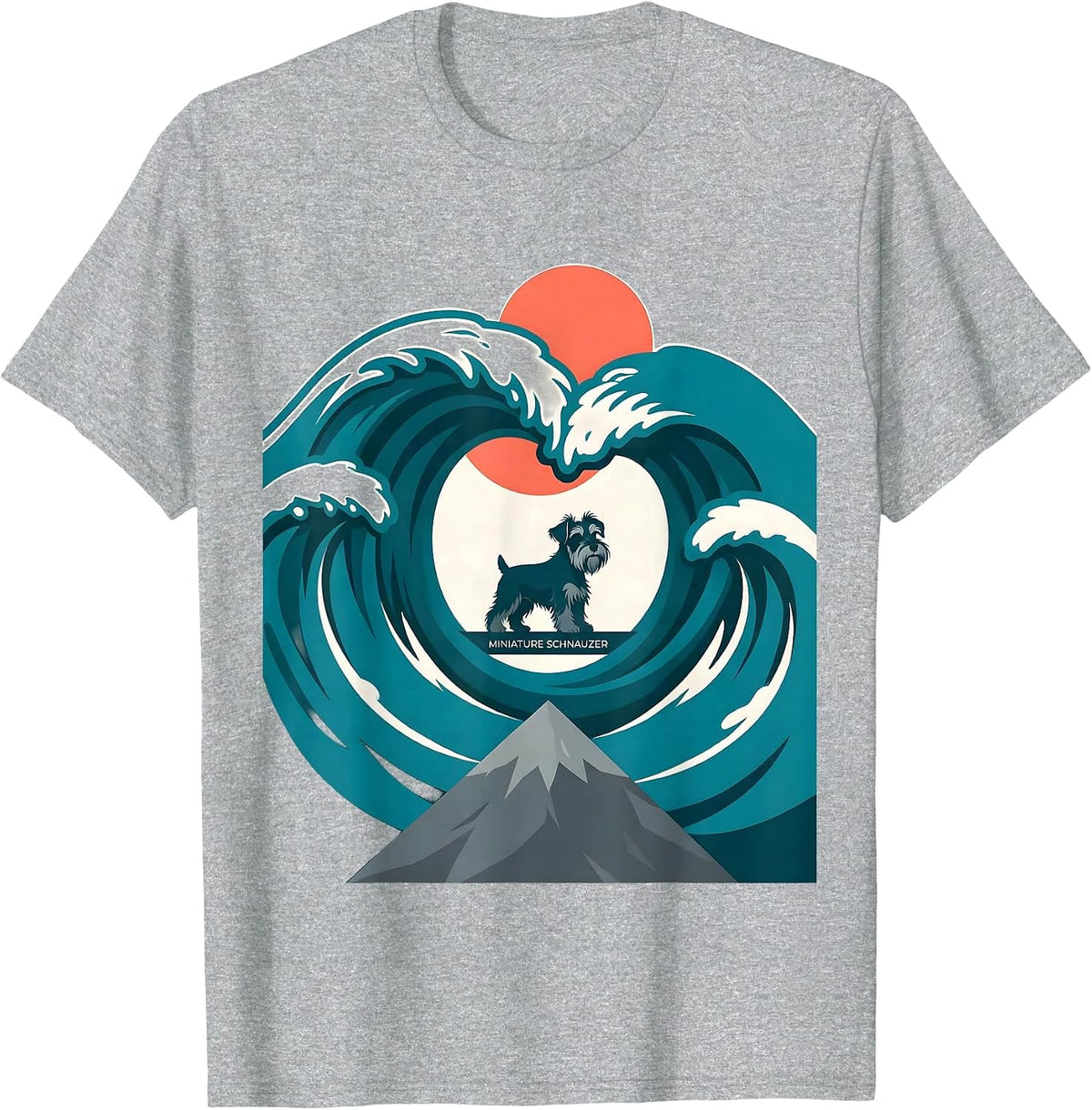 Men's Miniature Schnauzer Flat Vector Surfing Japanese Kanagawa T-Shirt - Heather Grey
