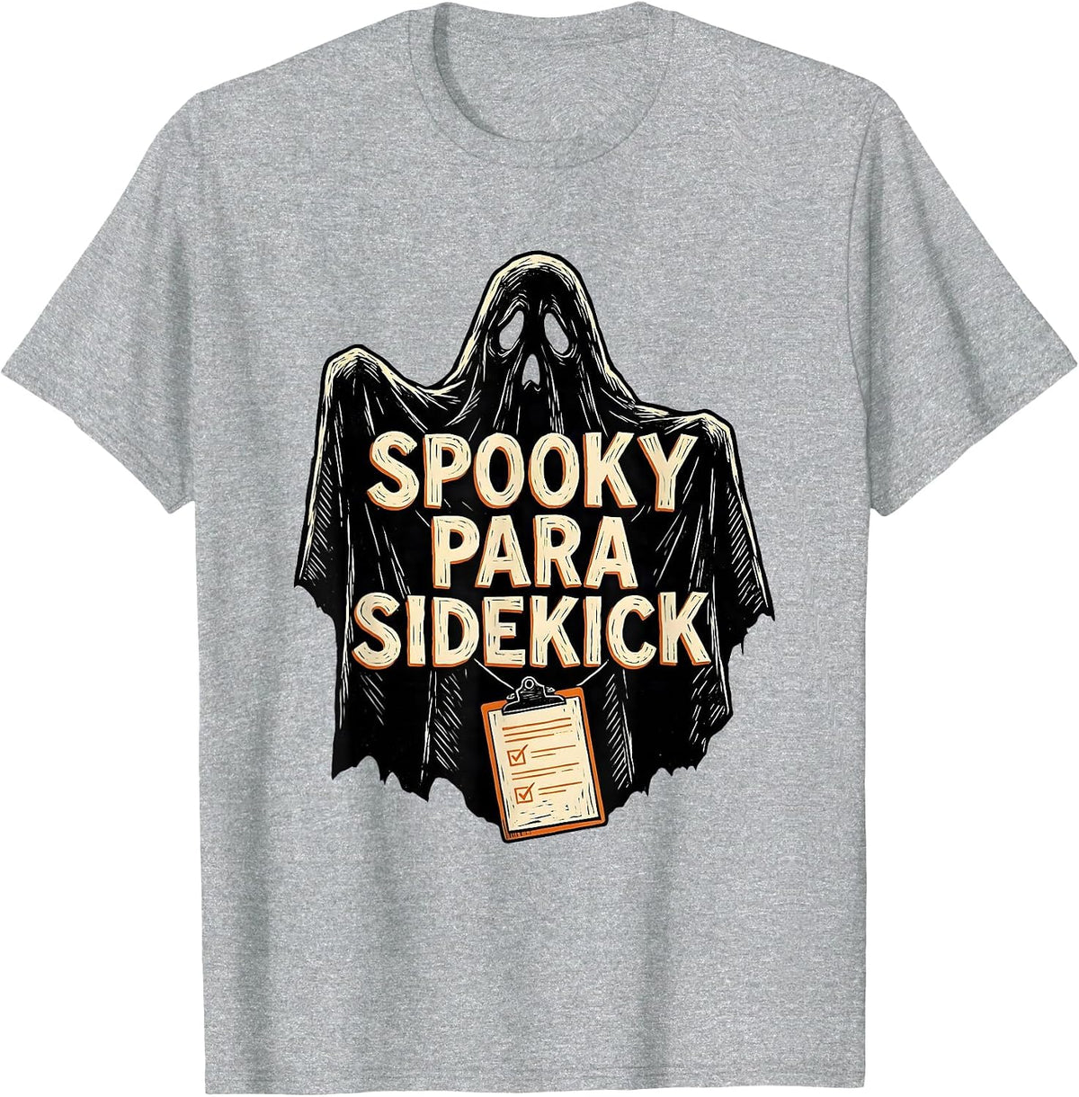 Men's Spooky Para Sidekick Linocut Teacher Aide Halloween Party T-Shirt - Heather Grey