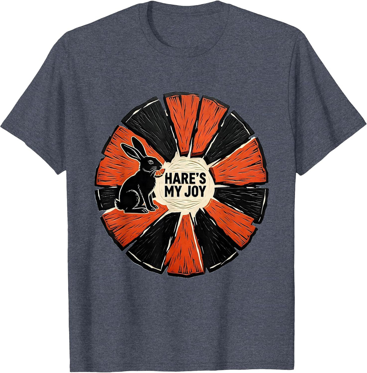 Hare's My Joy Funny Bunny Lover Linocut Animal Humor T-Shirt - Heather Blue