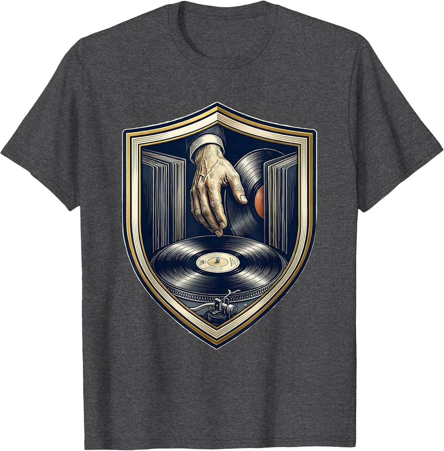 Men's Vinyl Record Shield Badge Retro Music Collector Emblem T-Shirt - Dark Heather Grey