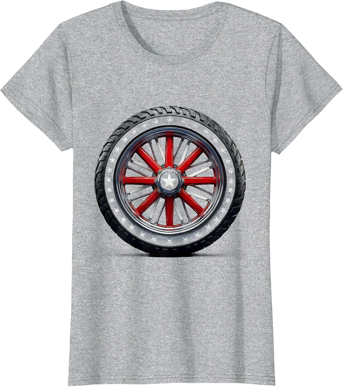 Women's American Flag Motorcycle Wheel Patriotic Design T-Shirt - Heather Grey
