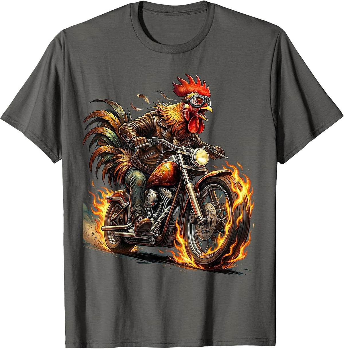 Flaming Motorcycle Chicken Graphic Tee T-Shirt - Asphalt Grey
