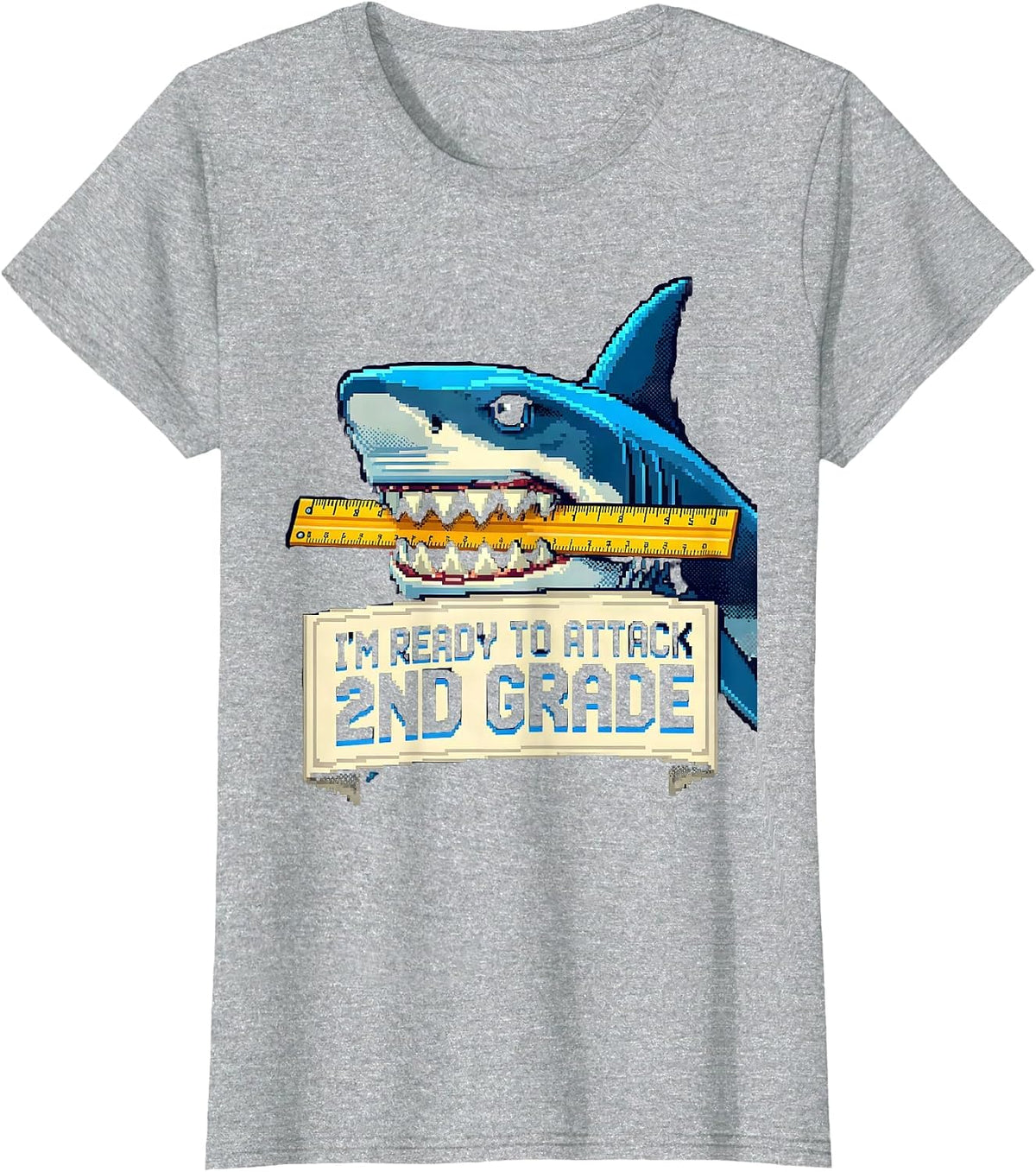 I'm Ready To Attack 2nd Grade Pixel Art Funny Shark Back T-Shirt - Heather Grey