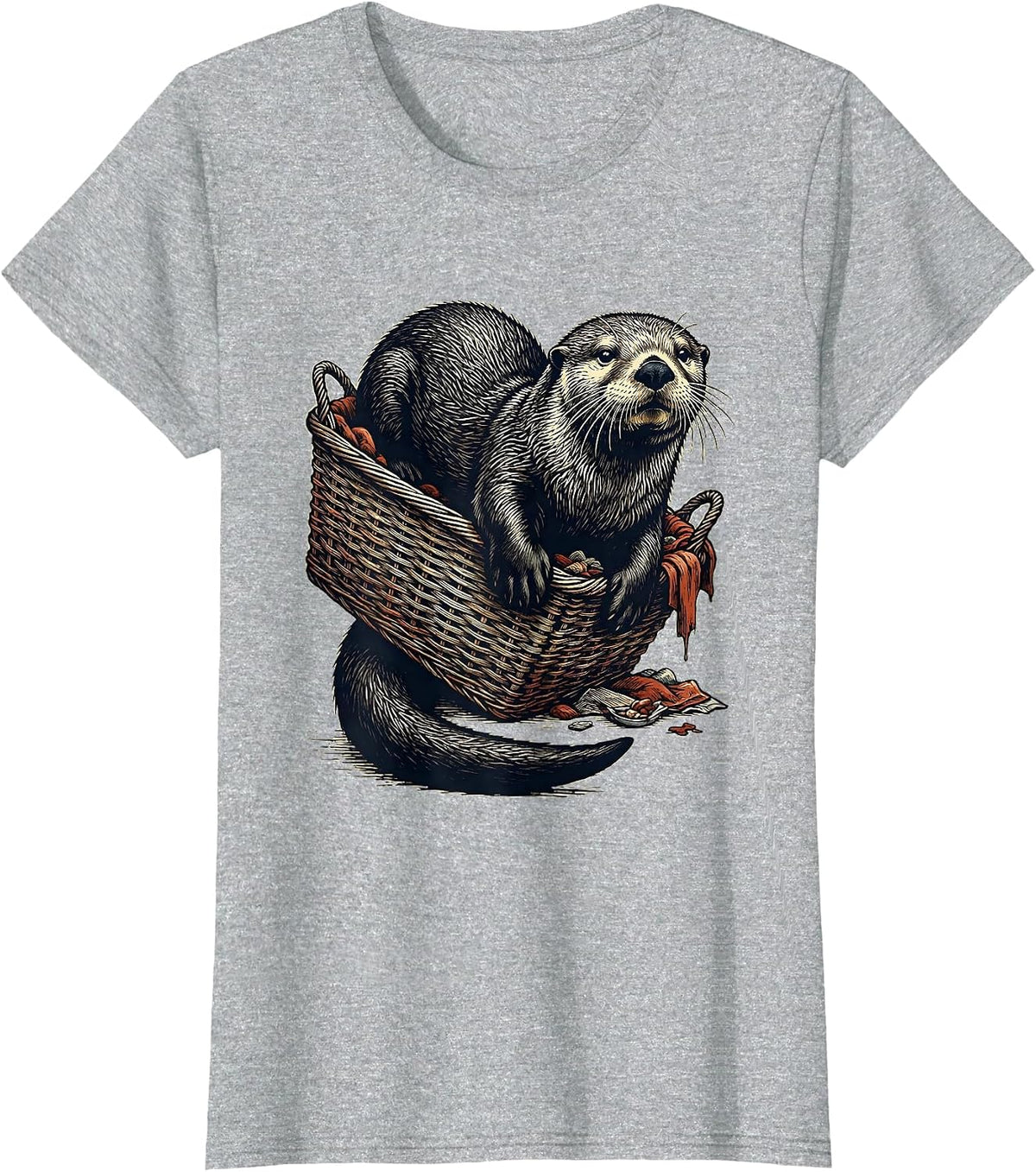 Women's Sea Otter Linocut Funny Otter Lover Gift T-Shirt - Heather Grey