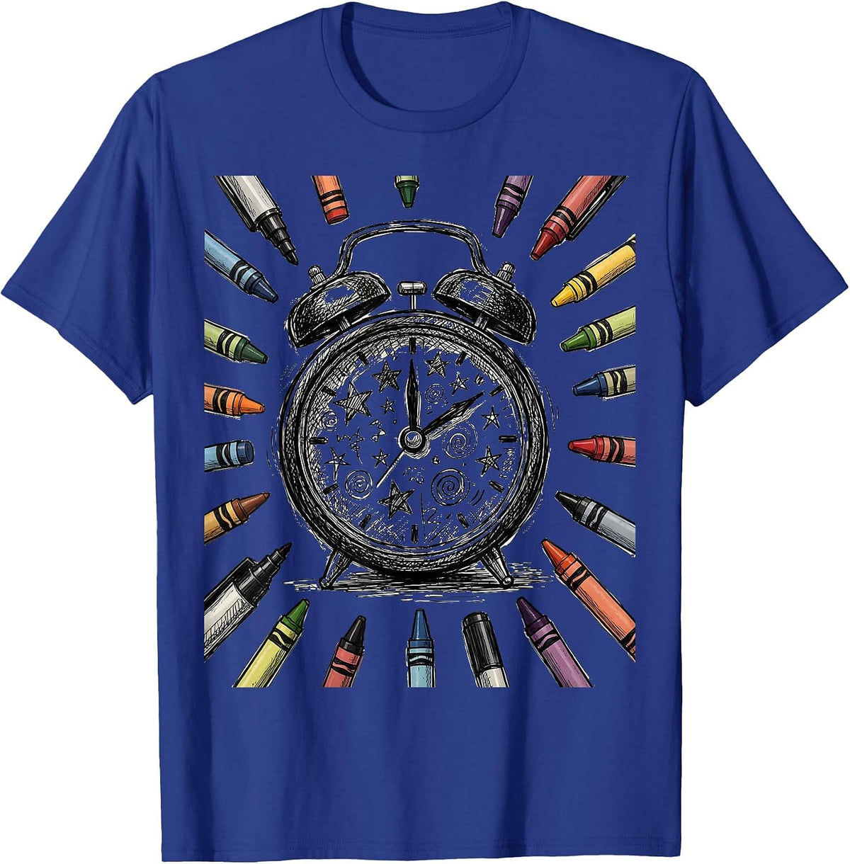 Men's Sped Teacher Alarm Clock Crayons Markers Graphic T-Shirt - Royal Blue