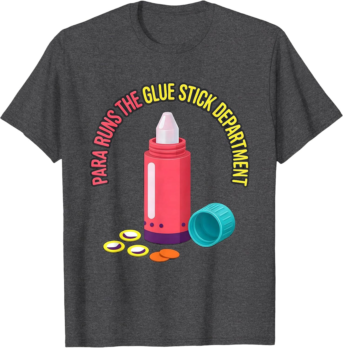 Men's PARA Runs The Glue Stick Department Funny Paraeducator Back T-Shirt - Dark Heather Grey