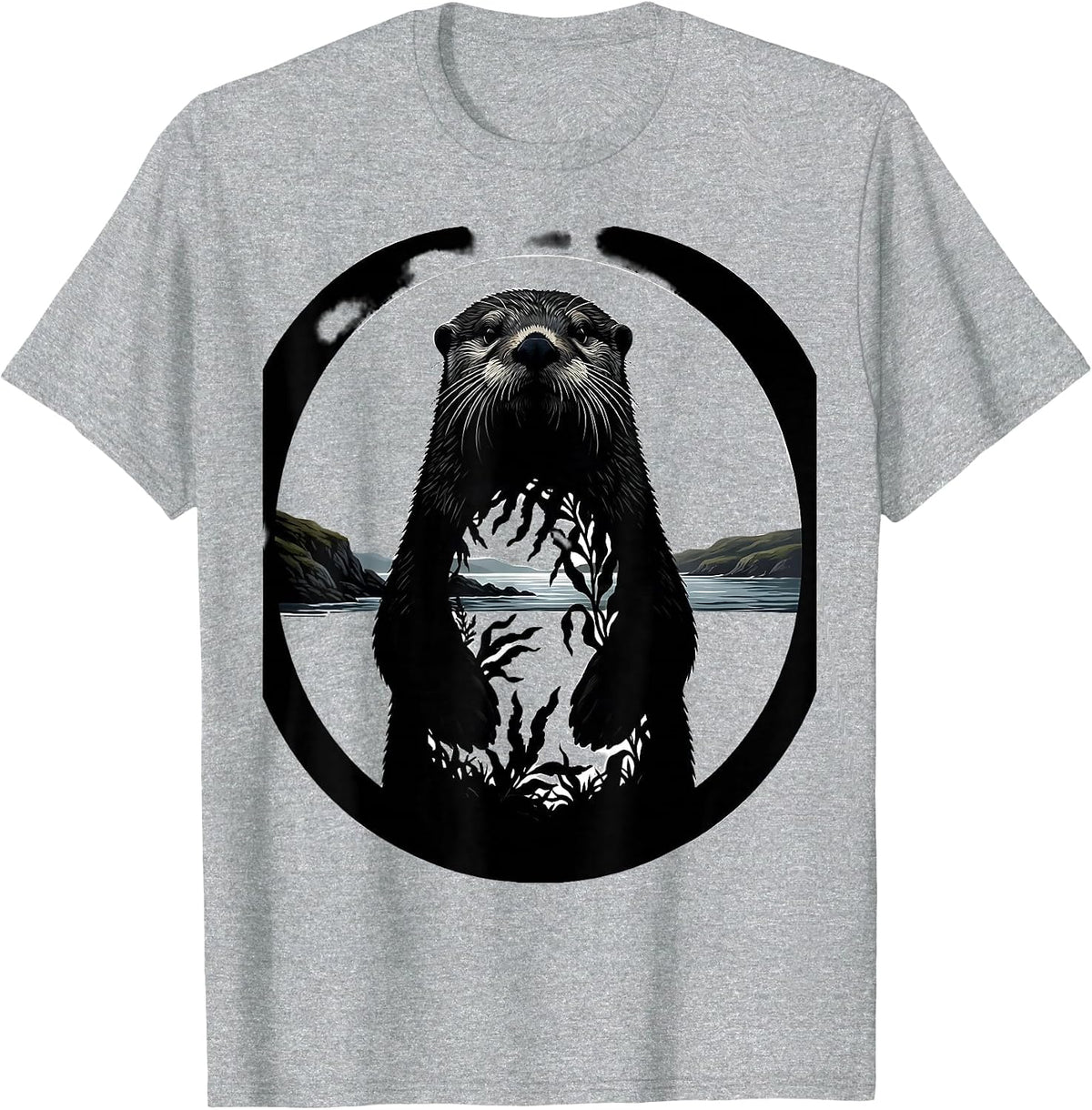 Men's Sealed Sea Otter Silhouette Forest Wildlife Portrait Art T-Shirt - Heather Grey