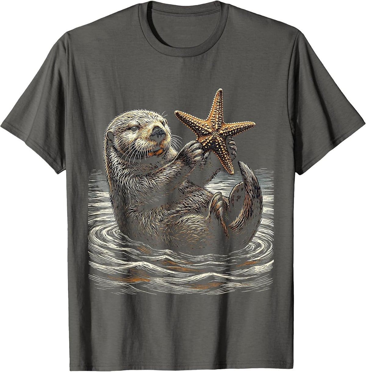 Men's Sea Otter Holding Starfish Above Water T-Shirt - Asphalt Grey