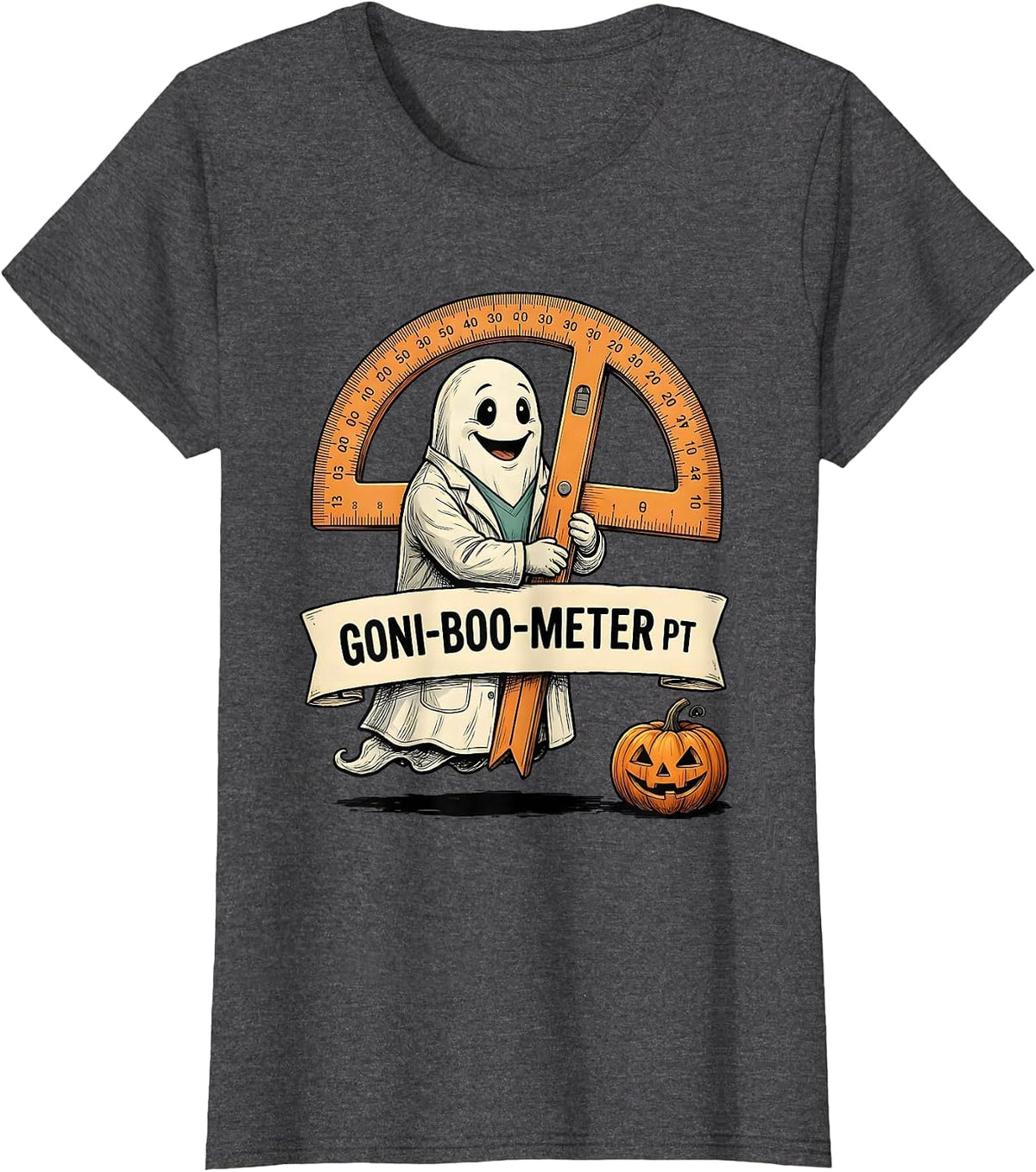 Women's Goni-BOO-meter PT Funny Physical Therapy Halloween Ghost T-Shirt - Dark Heather Grey