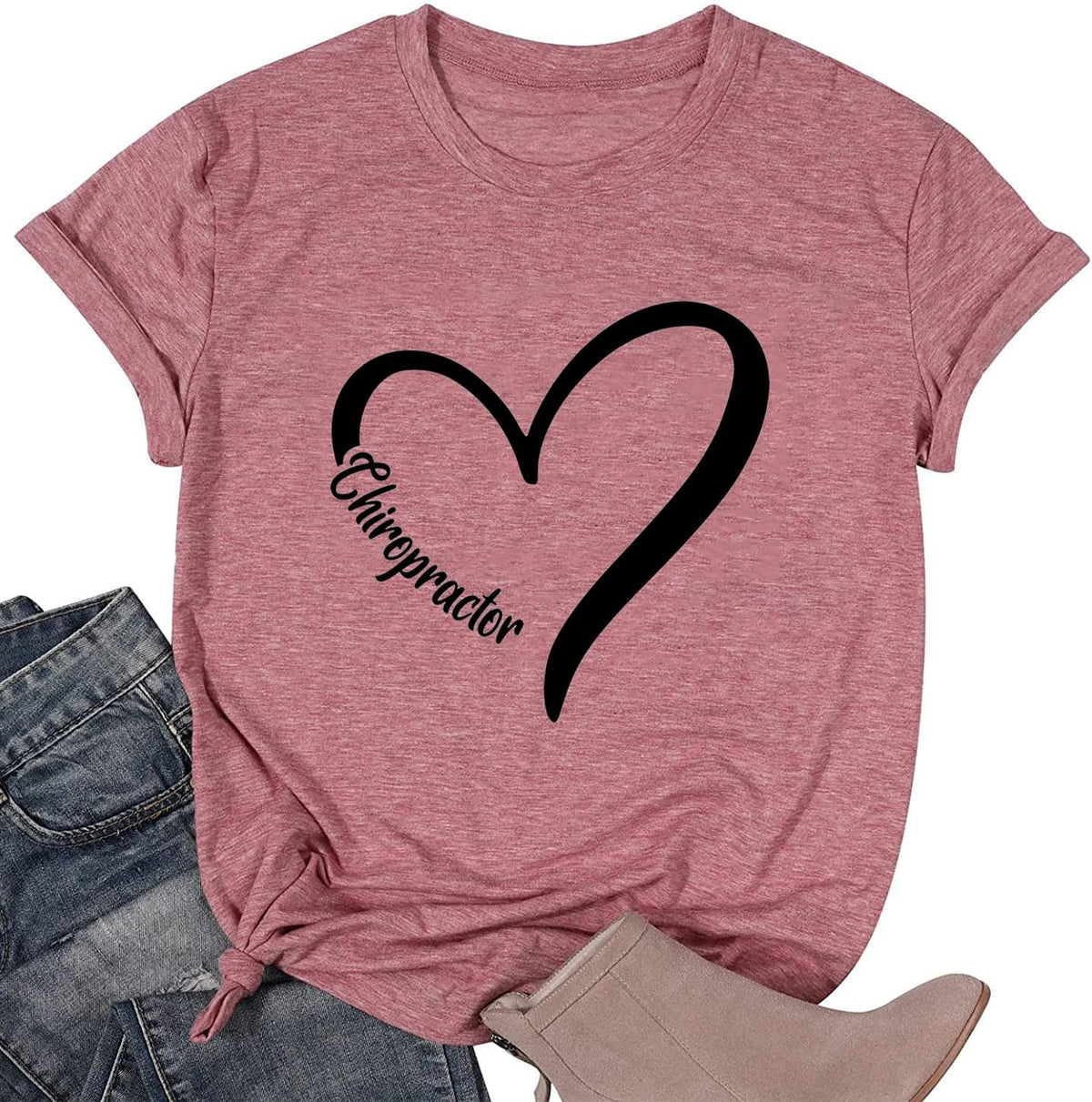TSIIUO Women's Chiropractor Heart T-Shirt Funny Chiropractic Assistant Gift Chiropractor Casual Short Sleeve Tee Tops - Pink