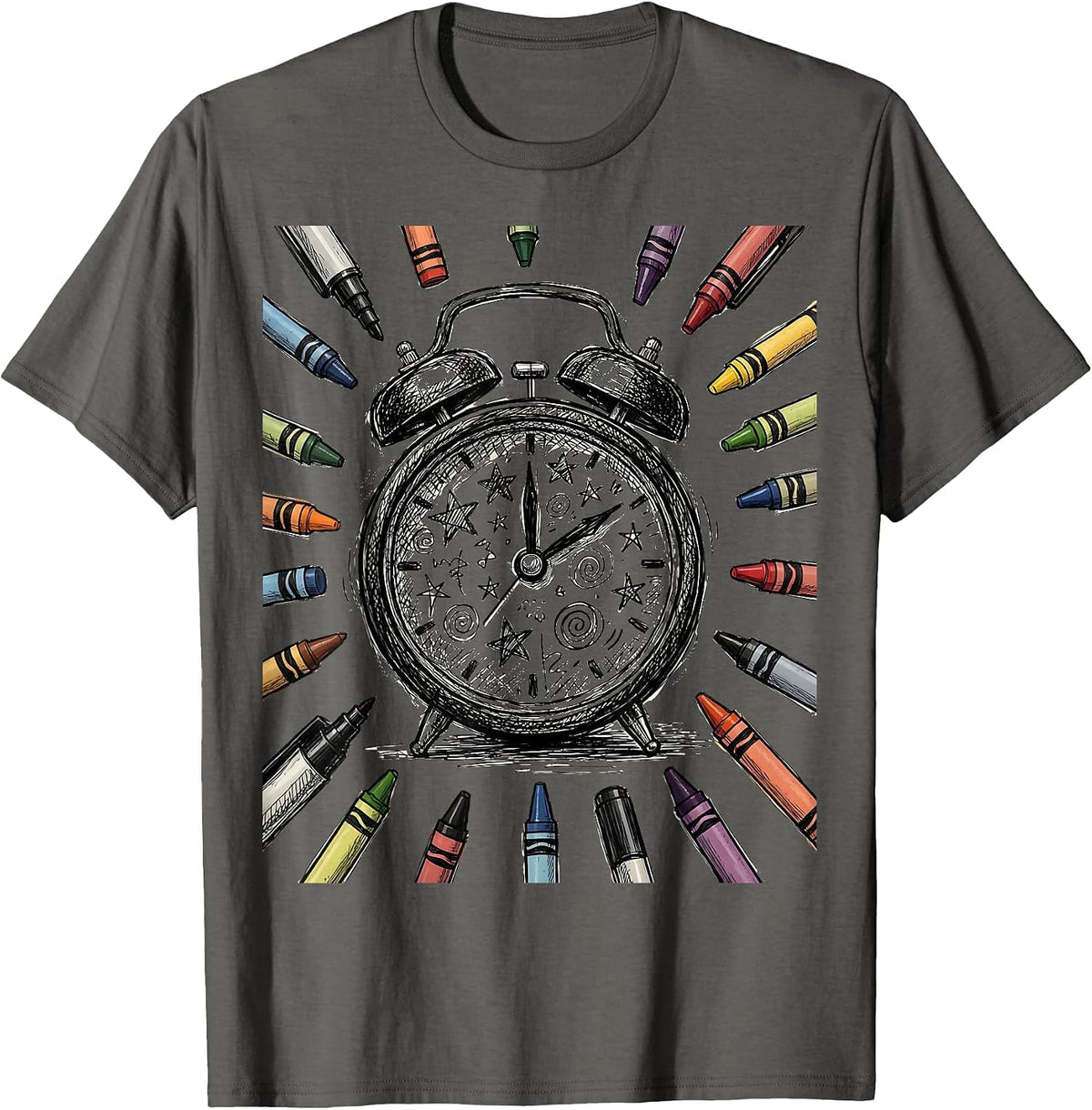 Men's Sped Teacher Alarm Clock Crayons Markers Graphic T-Shirt - Asphalt Grey