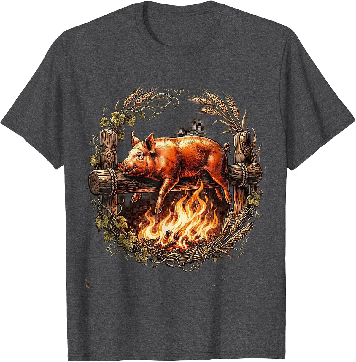 Oktoberfest Roasted Pig on Spit Illustration T-Shirt - Dark Heather Grey
