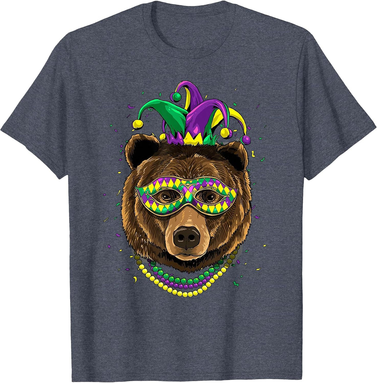 Bear Animal Lover Cute Mardi Gras Carnival Jester T-Shirt, Men, Heather Blue, Medium - As Pictured