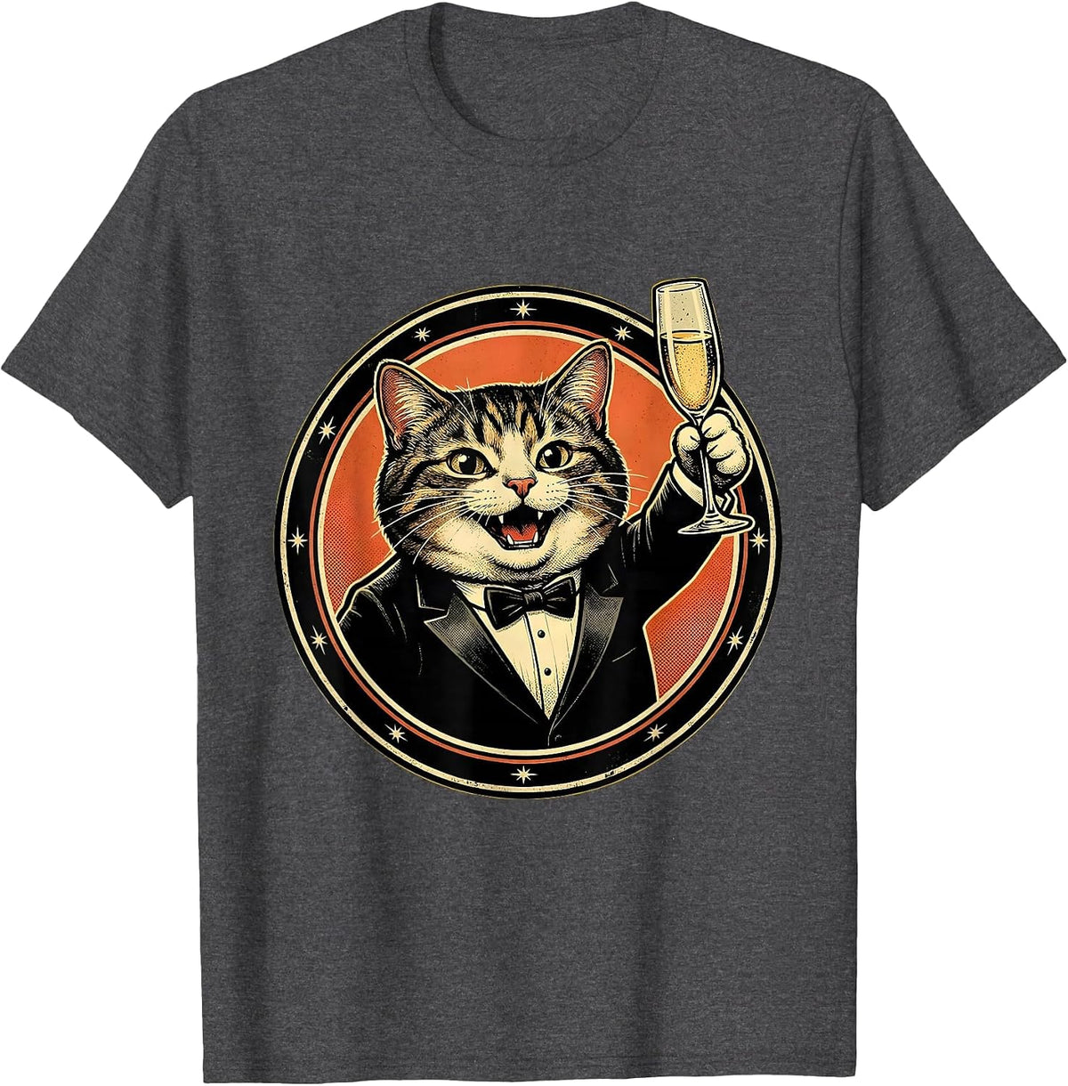 Men's Fancy Cat in Tuxedo with Champagne Glass T-Shirt - Dark Heather Grey