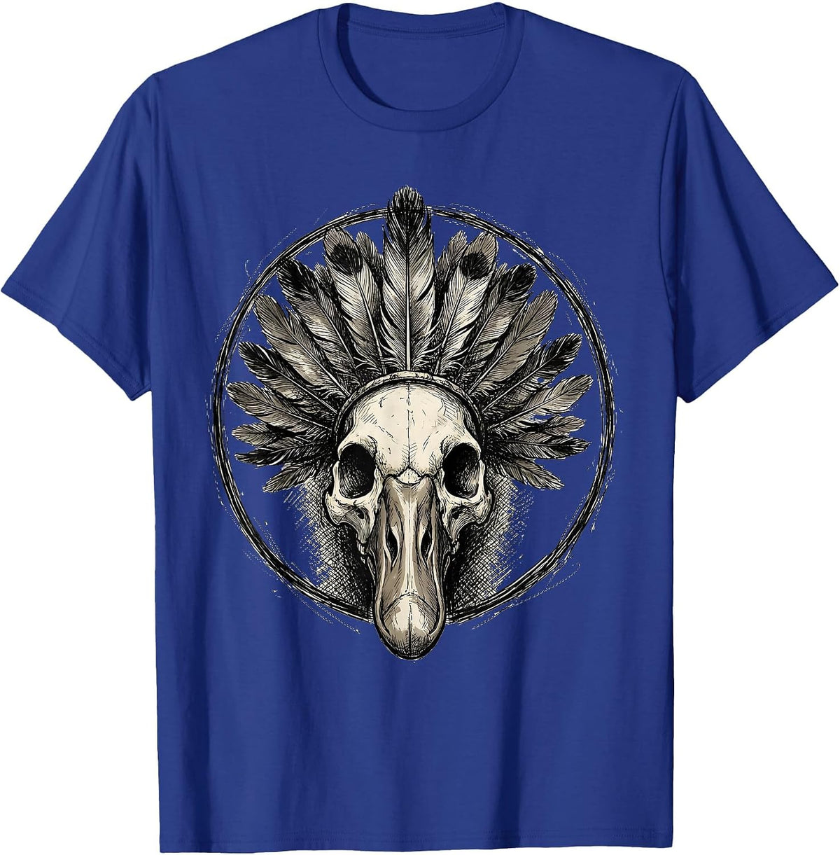 Goose Skull With Feather Headdress Illustration T-Shirt - Royal Blue
